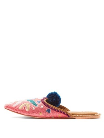 FIGUE Kuta pompom-embellished embroidered leather slides ~ beautiful pink flats - flipped