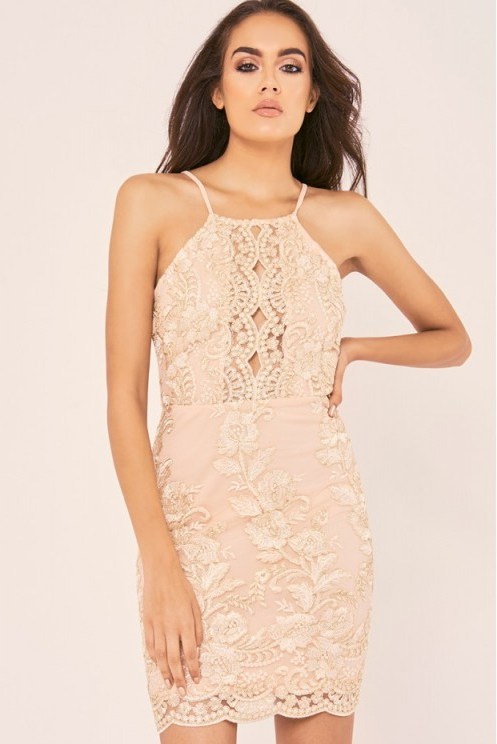 IN THE STYLE KYRAH NUDE EMBROIDERED LACE BODYCON DRESS - flipped