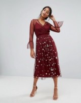 Lace & Beads Embellished Tulle Dress With Frill Sleeve ~ dark red floral bead embellished dresses