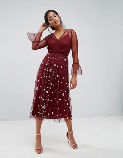 Lace & Beads Embellished Tulle Dress With Frill Sleeve ~ dark red floral bead embellished dresses - flipped