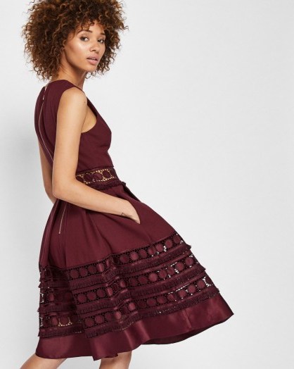 Ted Baker OLYM Lace detail textured dress – maroon party dresses - flipped