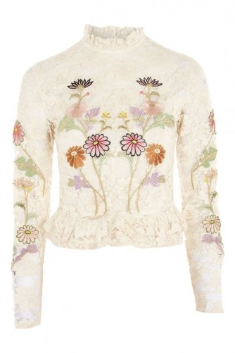 Topshop Lace Embroidered Peplum Top | romantic high neck floral cream tops - flipped