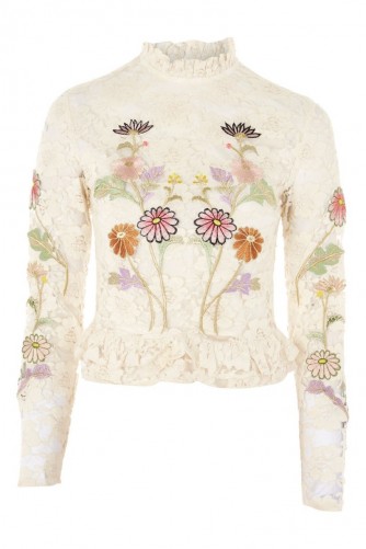 Topshop Lace Embroidered Peplum Top | romantic high neck floral cream tops