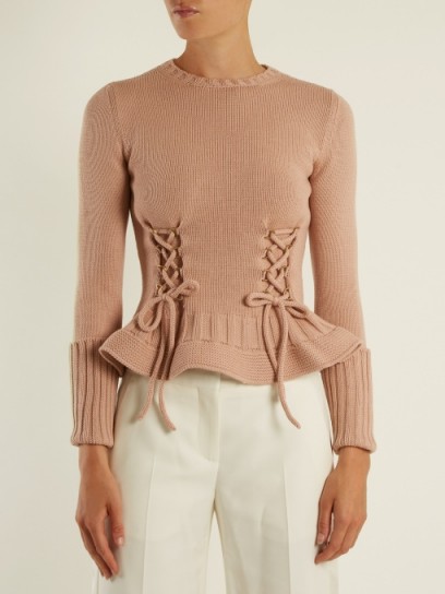ALEXANDER MCQUEEN Lace-up fluted-hem wool-knit sweater ~ pink peplum sweaters ~ luxury knitwear