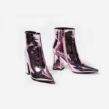 EGO Larna Pointed Toe Ankle Boot In Metallic Pink Faux Leather – shiny block heel ankle boots