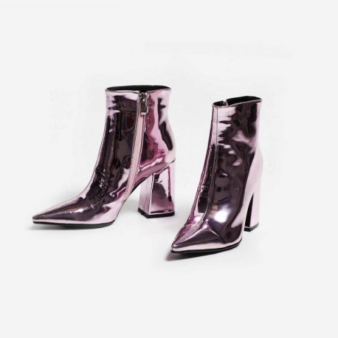 EGO Larna Pointed Toe Ankle Boot In Metallic Pink Faux Leather – shiny block heel ankle boots - flipped