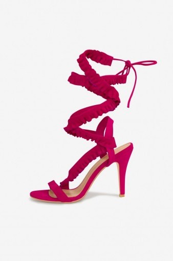 Lavish Alice Suede Ruffle Stiletto Sandals in Pink - flipped
