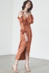 Lavish Alice Tie-Front Bardot Dress in Rust Satin ~ luxe style evening wear ~ strappy cold shoulder party dresses