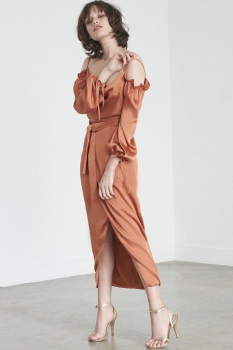 Lavish Alice Tie-Front Bardot Dress in Rust Satin ~ luxe style evening wear ~ strappy cold shoulder party dresses - flipped