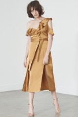 Lavish Alice Frill Shoulder Dress in Gold Satin ~ luxe style dresses