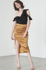 Lavish Alice Drawcord Pencil Skirt in Gold Satin