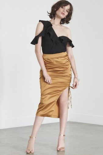 Lavish Alice Drawcord Pencil Skirt in Gold Satin - flipped