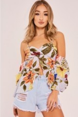IN THE STYLE LAYANA GREY TROPICAL FLORAL COLD SHOULDER RUCHED SLEEVE TOP