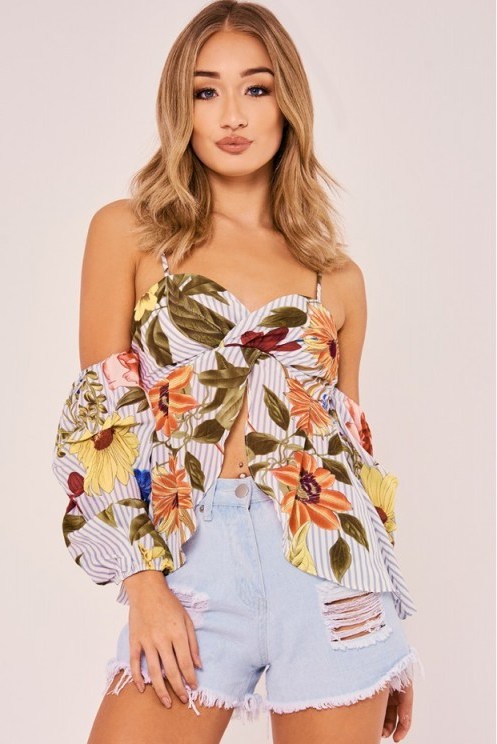 IN THE STYLE LAYANA GREY TROPICAL FLORAL COLD SHOULDER RUCHED SLEEVE TOP - flipped