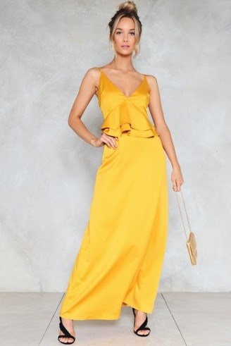 Nasty Gal Layer It on Thick Satin Dress ~ mustard-yellow maxi dresses - flipped