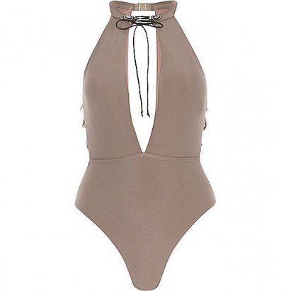 River Island Light brown embellished choker swimsuit – plunge front swimsuits – summer swimwear - flipped