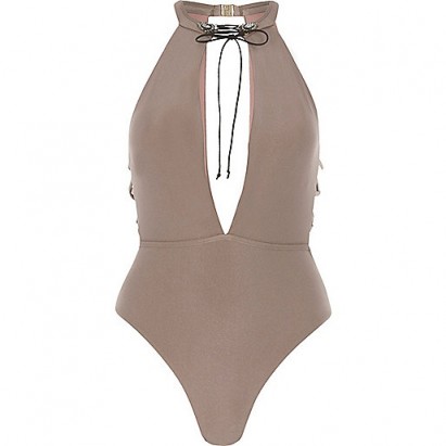 River Island Light brown embellished choker swimsuit – plunge front swimsuits – summer swimwear