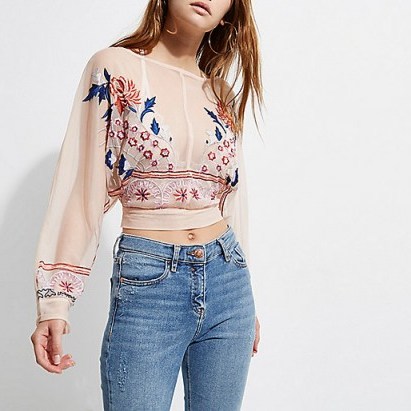 RIVER ISLAND Light pink floral embroidered batwing top ~ sheer tops - flipped