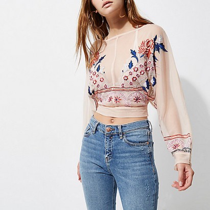 RIVER ISLAND Light pink floral embroidered batwing top ~ sheer tops