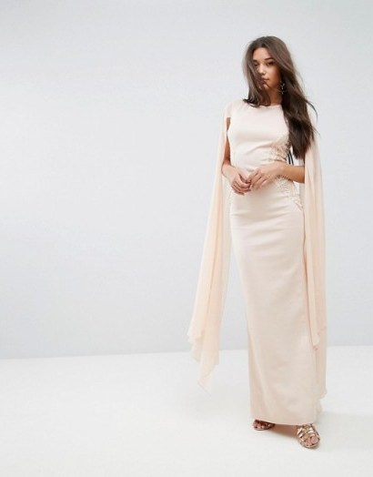 Lipsy Cape Detail Maxi Dress – long nude party dresses – statement evening wear - flipped
