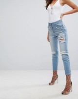 Liquor & Poker Mom Jean with Pearl Detail and Exposed Zip | ripped embellished jeans