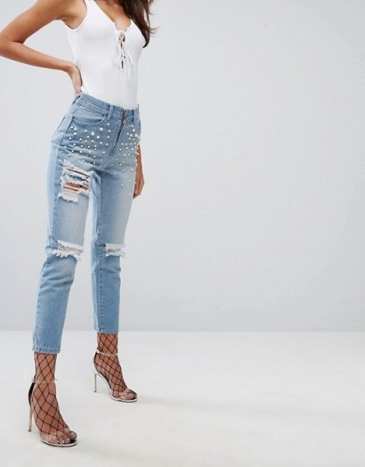 Liquor & Poker Mom Jean with Pearl Detail and Exposed Zip | ripped embellished jeans - flipped