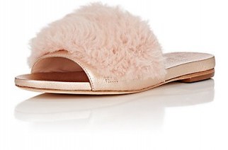 LOEFFLER RANDALL Domino Shearling & Leather Slide Sandals | pink fluffy slides | luxe flats - flipped
