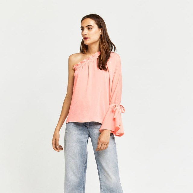 Warehouse LONG SLEEVE ONE SHOULDER TOP – pink tops - flipped