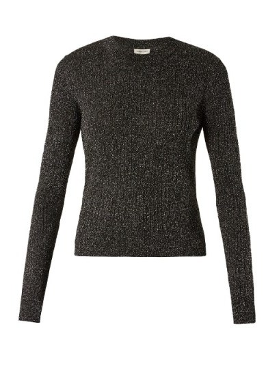 SAINT LAURENT Long-sleeved ribbed-knit lurex sweater | luxe grey sweaters - flipped