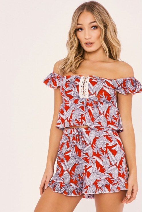 in the style LOTTA RED PINEAPPLE PRINT BARDOT TOP AND SHORTS CO ORD – off the shoulder tops - flipped