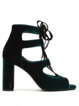 SAINT LAURENT Loulou lace-up velvet sandals ~ green cut out high heels