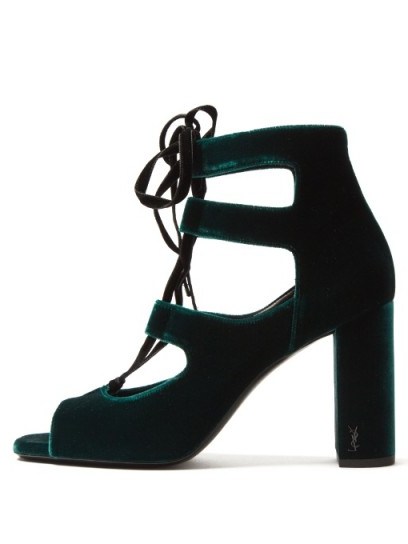 SAINT LAURENT Loulou lace-up velvet sandals ~ green cut out high heels - flipped