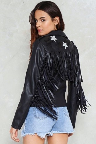 Nasty Gal Lucky Ones Vegan Leather Moto Jacket – black fringed biker jackets - flipped