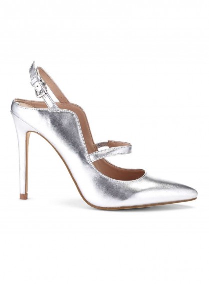 MISS SELFRIDGE LYDIA Curve Sling Back Court Shoes ~ silver metallic courts