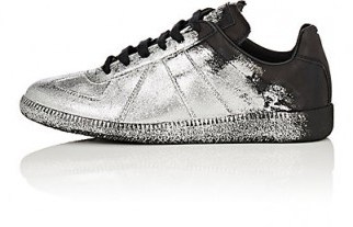 MAISON MARGIELA Women’s “Replica” Glitter-Flocked Leather Sneakers | sports luxe shoes | silver trainers - flipped