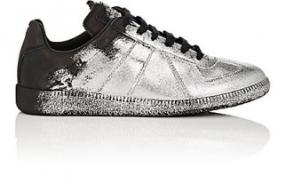 MAISON MARGIELA Women’s “Replica” Glitter-Flocked Leather Sneakers | sports luxe shoes | silver trainers