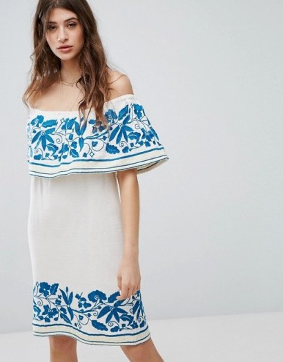 Maison Scotch Boho Off The Shoulder Dress With Embroidery ~ floral embroidered bardot dresses - flipped