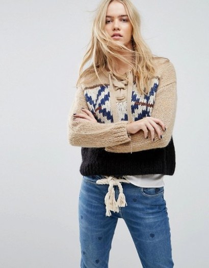 Maison Scotch Gaucho Jacquard Knit | knitwear | chunky front lace up jumpers - flipped