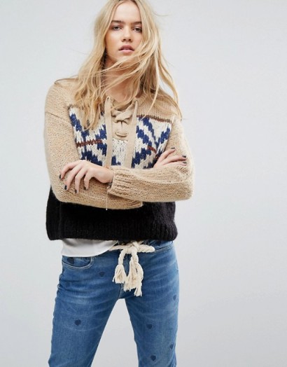 Maison Scotch Gaucho Jacquard Knit | knitwear | chunky front lace up jumpers
