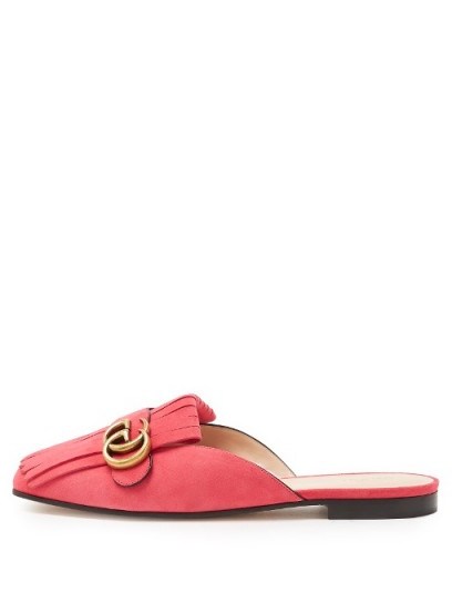 GUCCI Marmont fringed backless suede loafers ~ pink slip-on loafers - flipped