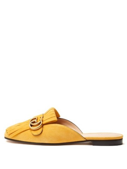 GUCCI Marmont fringed suede backless loafers | chic mustard-yellow flats - flipped