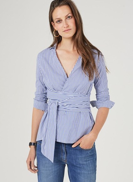 BAUKJEN MATTIE STRIPE BLOUSE / wrap blouses / blue and white striped / tie waist - flipped