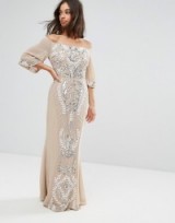 Maya Petite Allover Embellished Bandeau Maxi Dress With Baloon Sleeves – long luxe style party/occasion dresses