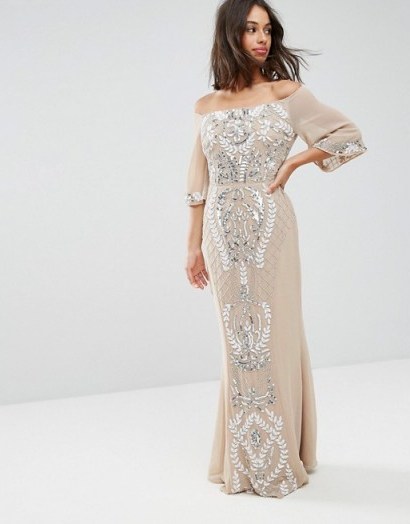 Maya Petite Allover Embellished Bandeau Maxi Dress With Baloon Sleeves – long luxe style party/occasion dresses - flipped