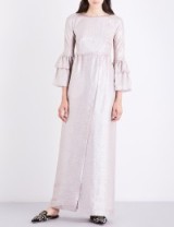 MERCHANT ARCHIVE Metallic silk-blend gown ~ silver ruffle sleeve gowns ~ chic vintage style dresses