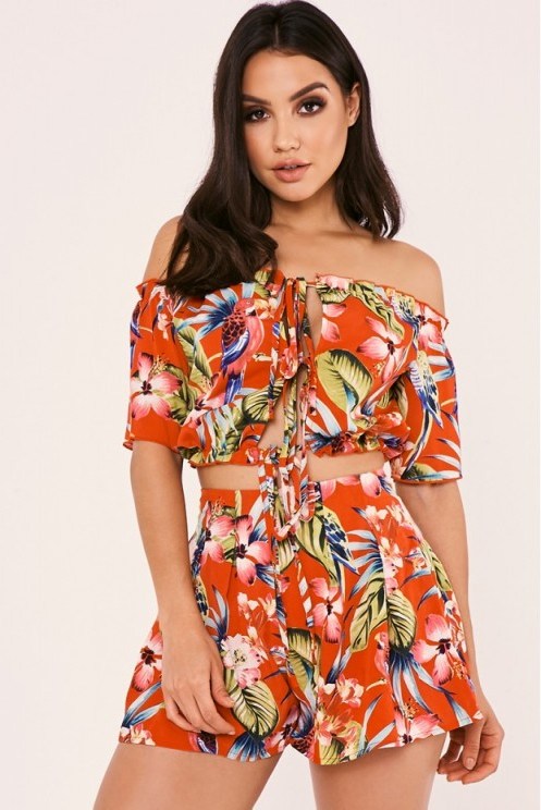 In The Style MILADA RED TROPICAL PRINT BARDOT TOP AND SHORTS CO ORD - flipped