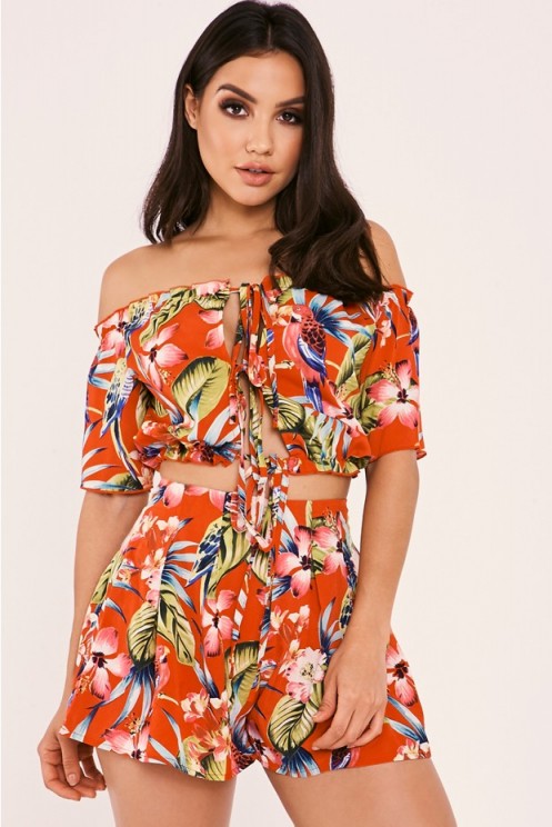 In The Style MILADA RED TROPICAL PRINT BARDOT TOP AND SHORTS CO ORD