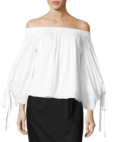 MISA Los Angeles Adeli Off-the-Shoulder Wide-Sleeves Poplin Top | white bardot tops - flipped