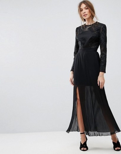 Miss Selfridge Embroidered Pleated Maxi Dress ~ long black party dresses - flipped