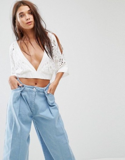 Missguided Kimono Sleeve Lace Crop Top – white summer tops - flipped